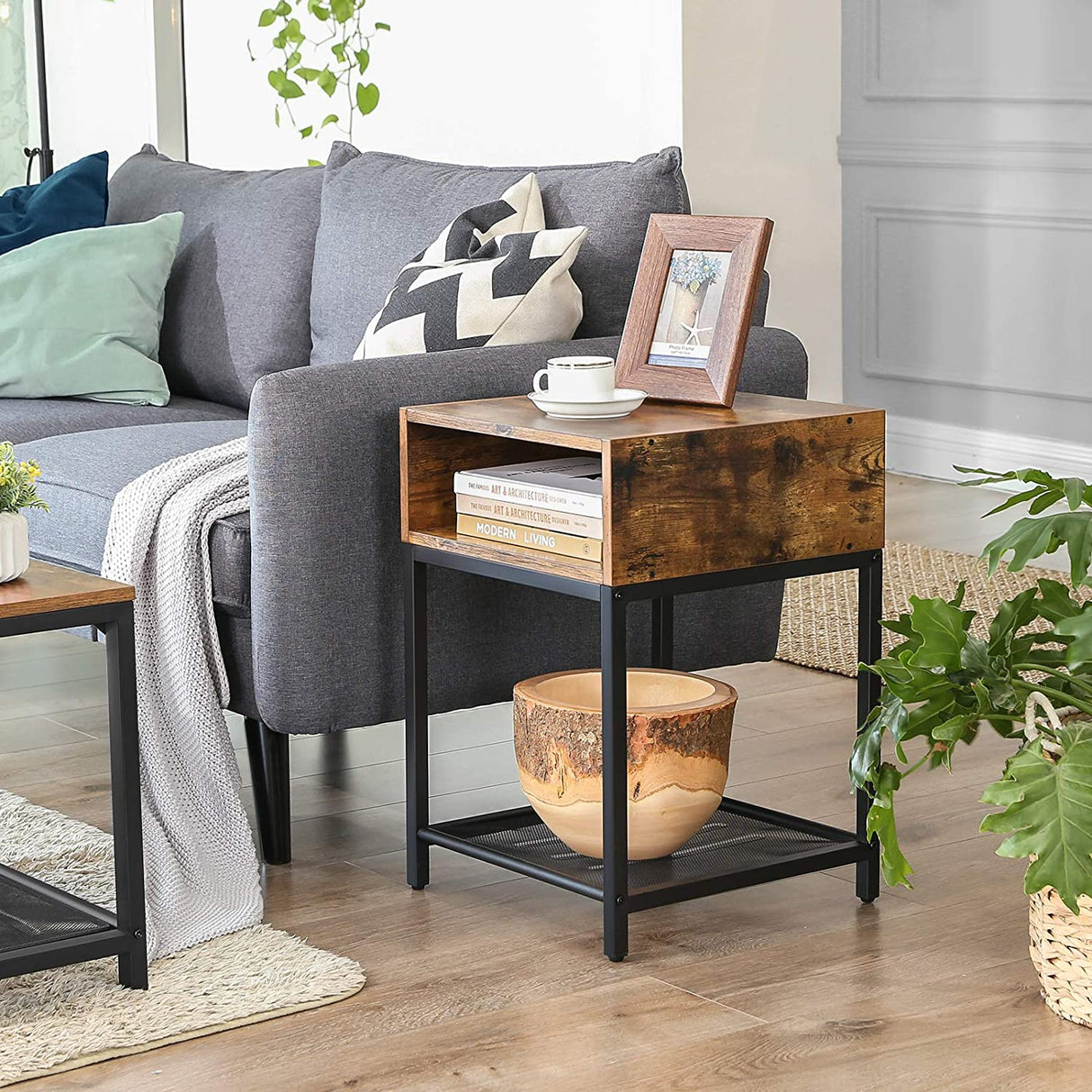 Rustic Brown and Black Side Table with Open Storage Compartment and Mesh Shelf