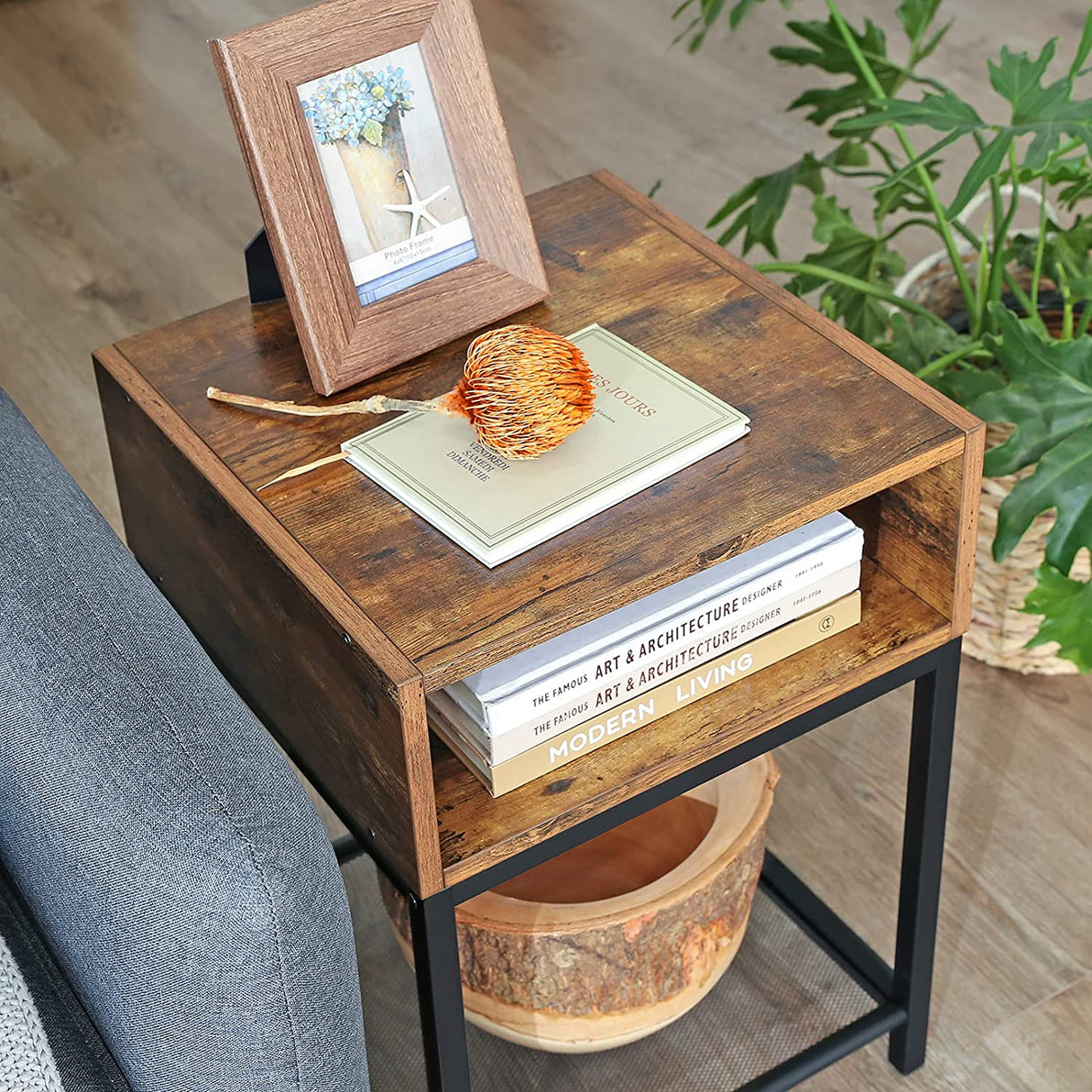 Rustic Brown and Black Side Table with Open Storage Compartment and Mesh Shelf