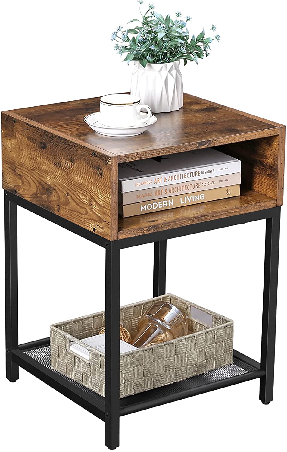 Rustic Brown and Black Side Table with Open Storage Compartment and Mesh Shelf
