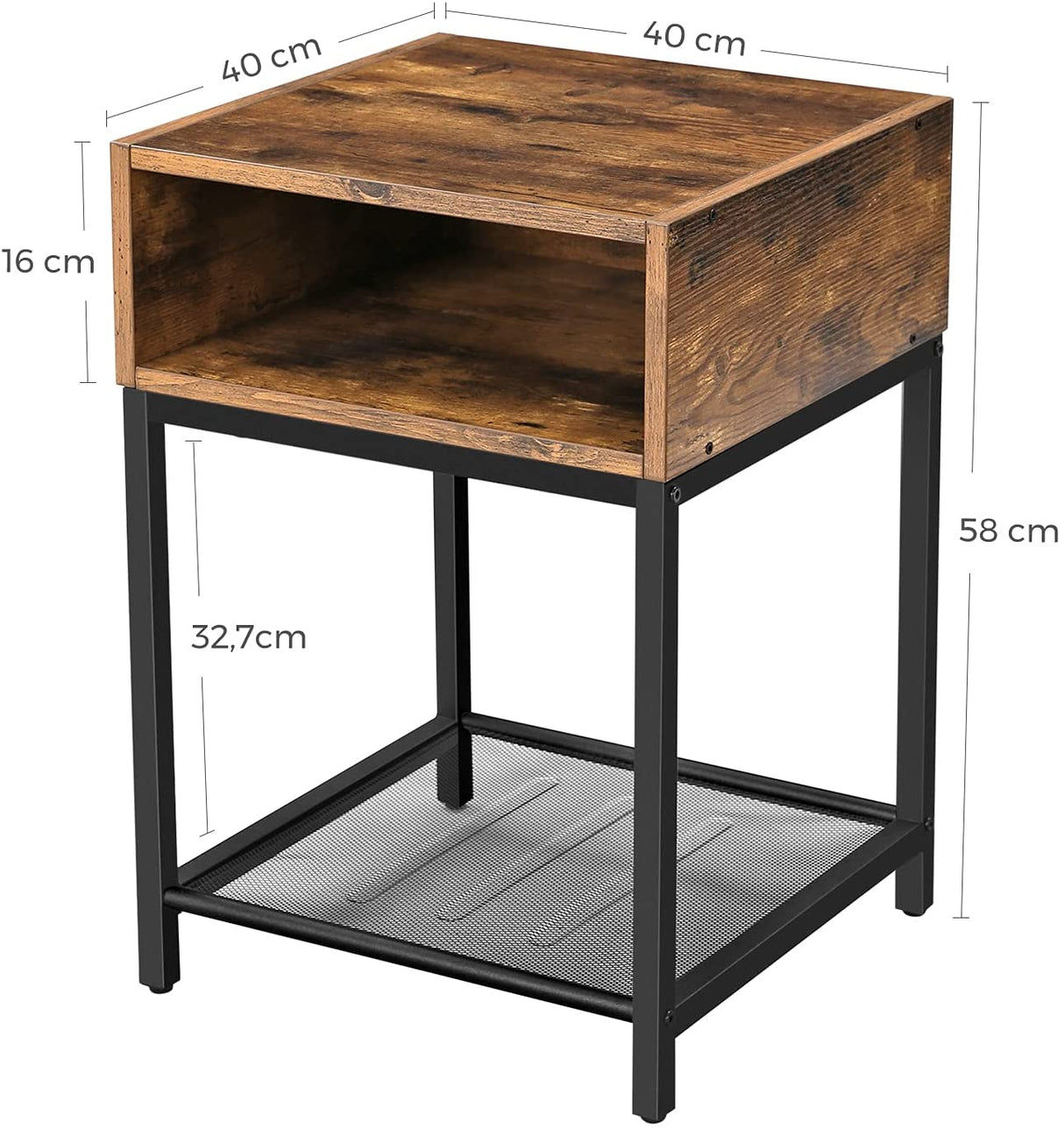 Rustic Brown and Black Side Table with Open Storage Compartment and Mesh Shelf