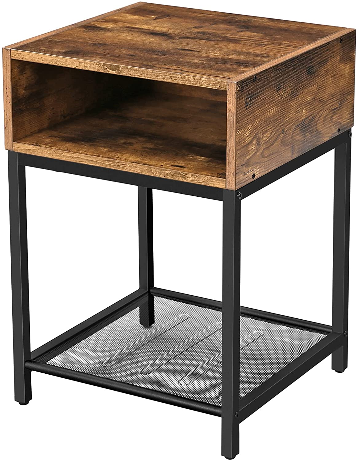 Rustic Brown and Black Side Table with Open Storage Compartment and Mesh Shelf