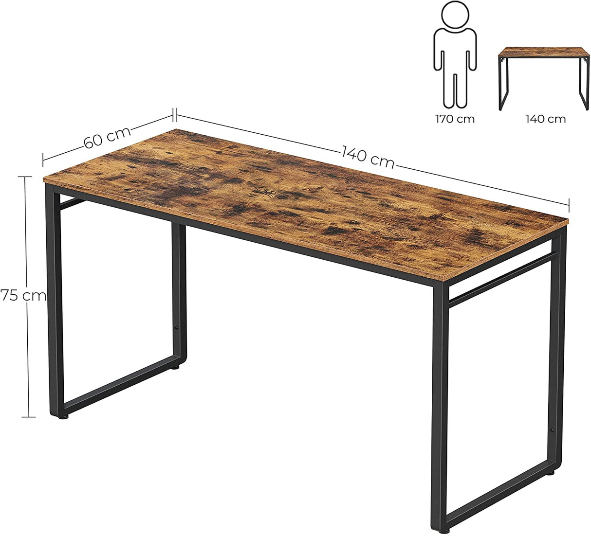 Industrial Style Home Office Desk with 8 Hooks - 140 x 60 cm Rustic Brown & Black Finish