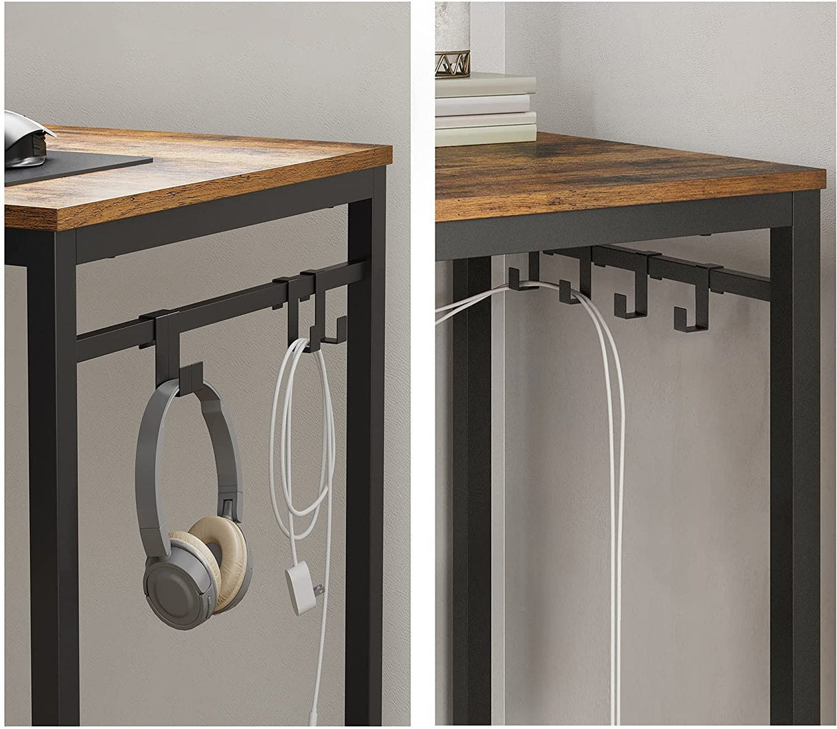 Industrial Style Home Office Desk with 8 Hooks - 140 x 60 cm Rustic Brown & Black Finish