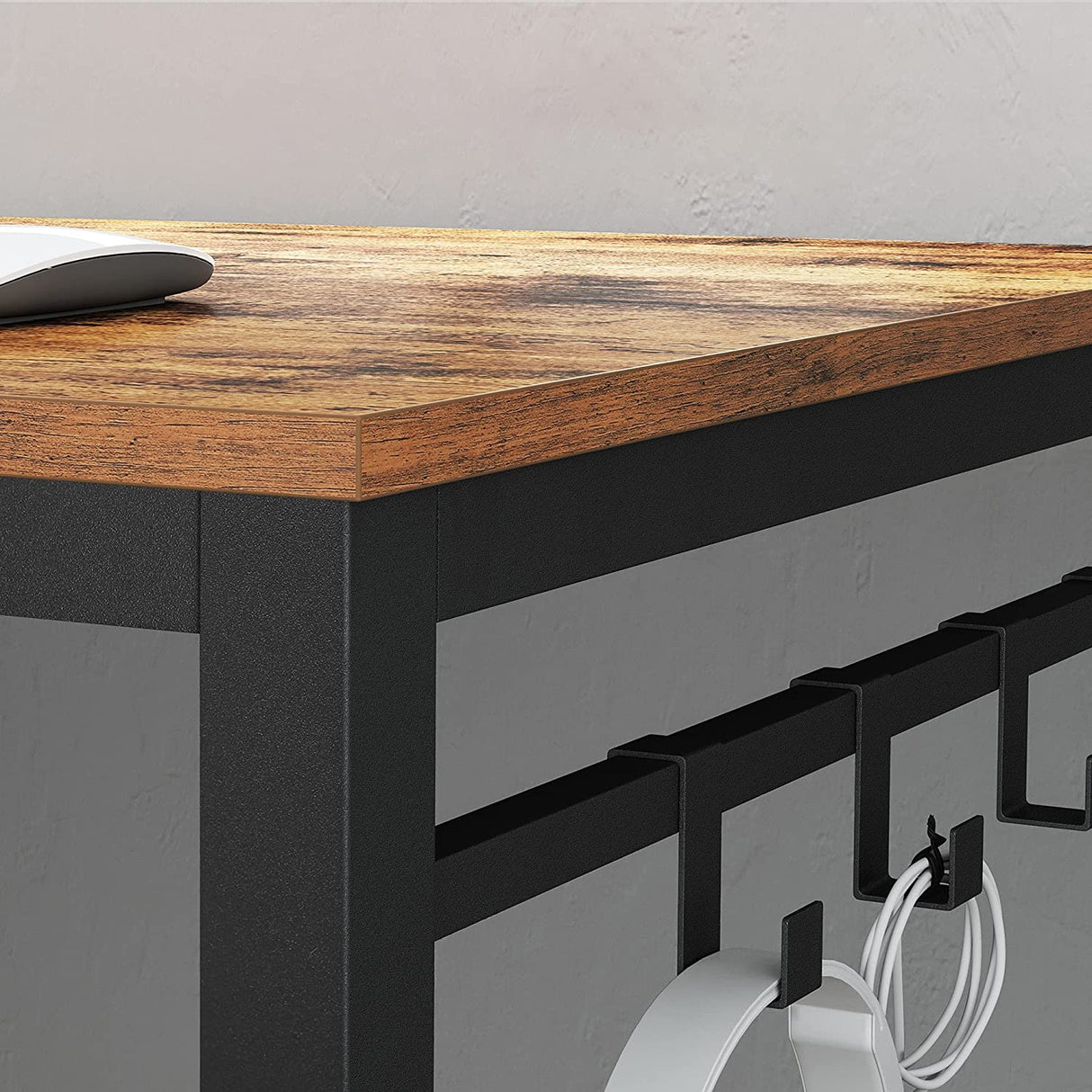 Industrial Style Home Office Desk with 8 Hooks - 140 x 60 cm Rustic Brown & Black Finish