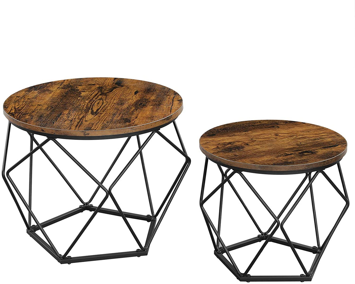 Set of 2 Rustic Industrial Style Side Tables with Sturdy Steel Frames in Brown and Black