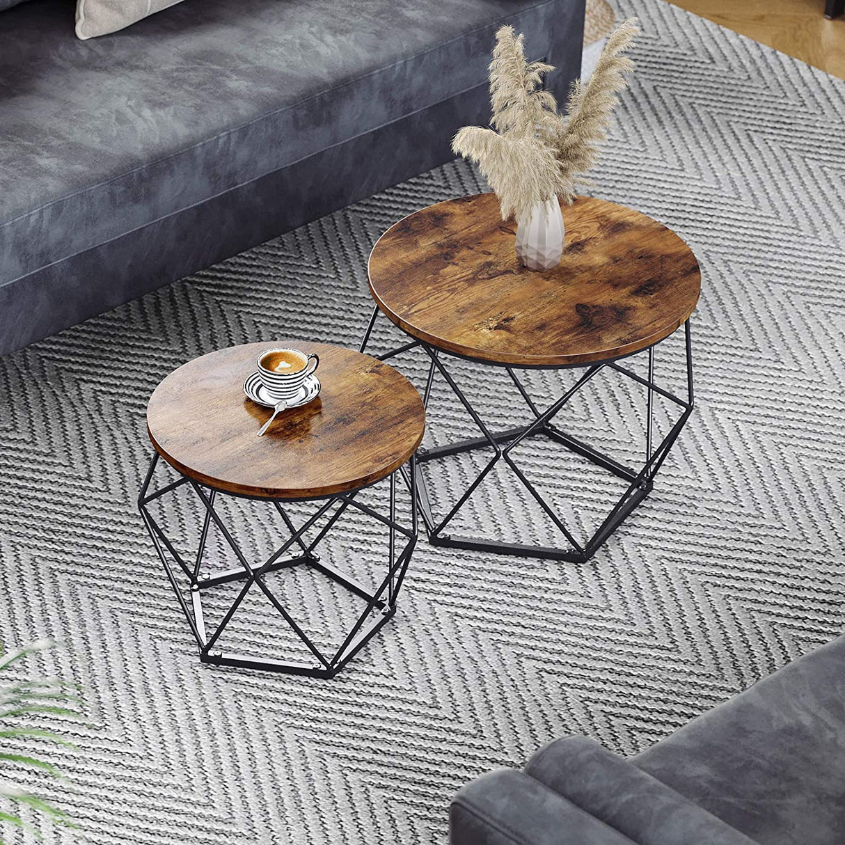 Set of 2 Rustic Industrial Style Side Tables with Sturdy Steel Frames in Brown and Black