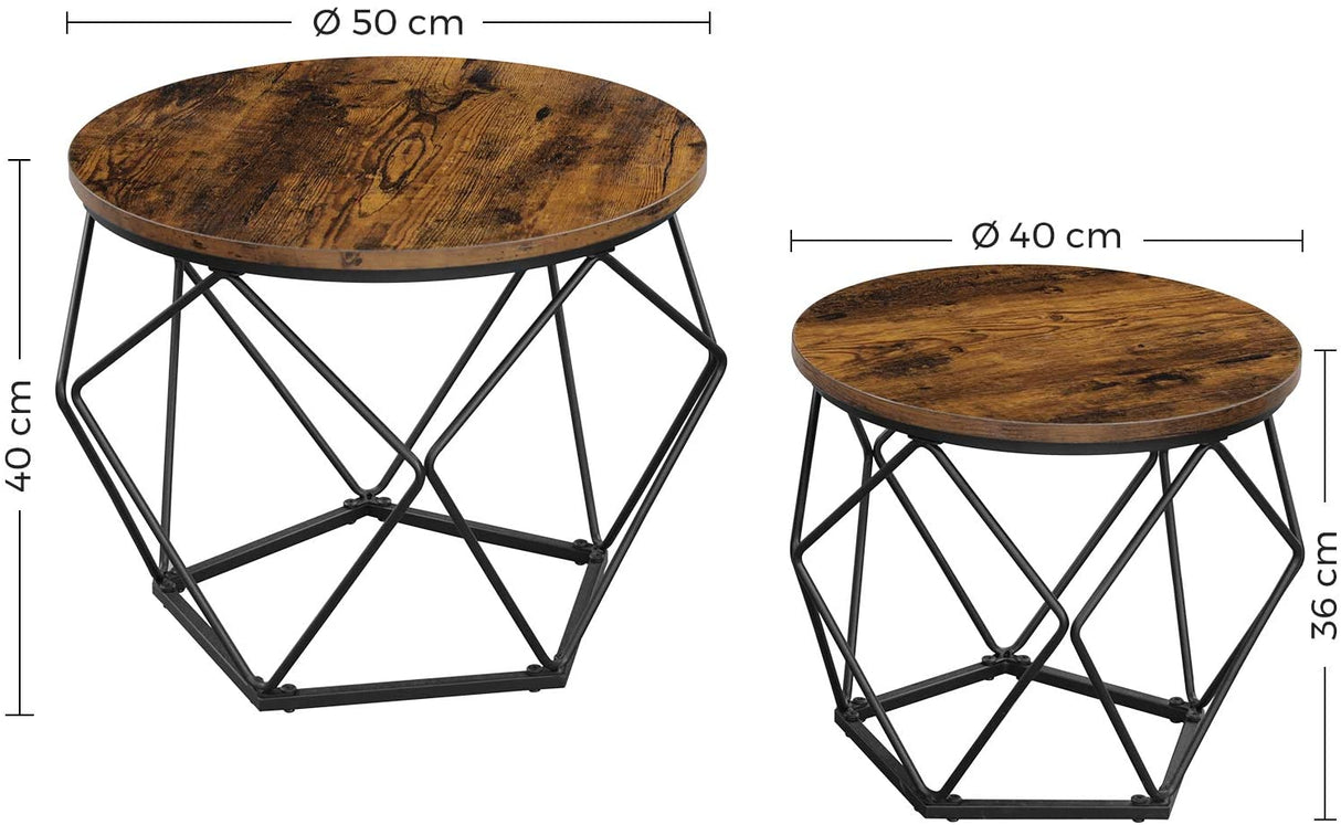 Set of 2 Rustic Industrial Style Side Tables with Sturdy Steel Frames in Brown and Black