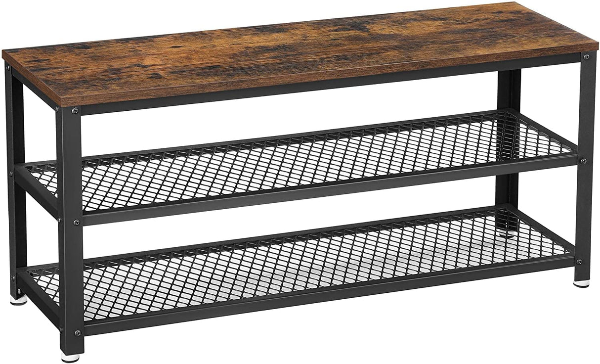 Rustic Brown and Black Shoe Storage Bench with 2 Shelves - 100 x 30 x 45 cm