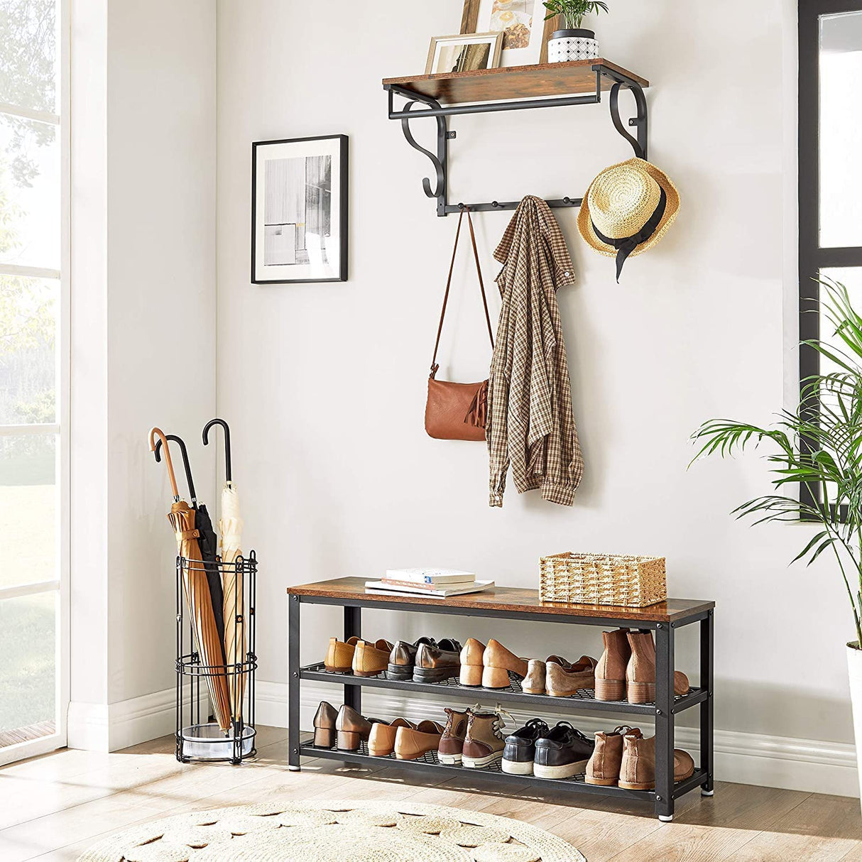 Rustic Brown and Black Shoe Storage Bench with 2 Shelves - 100 x 30 x 45 cm
