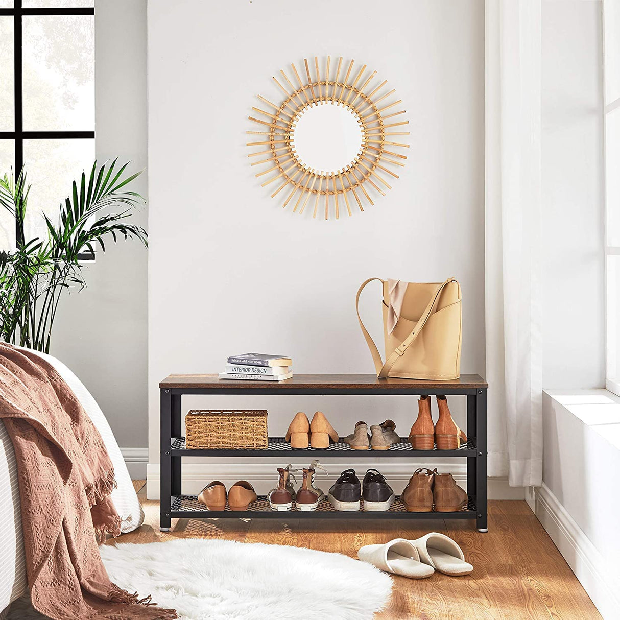 Rustic Brown and Black Shoe Storage Bench with 2 Shelves - 100 x 30 x 45 cm
