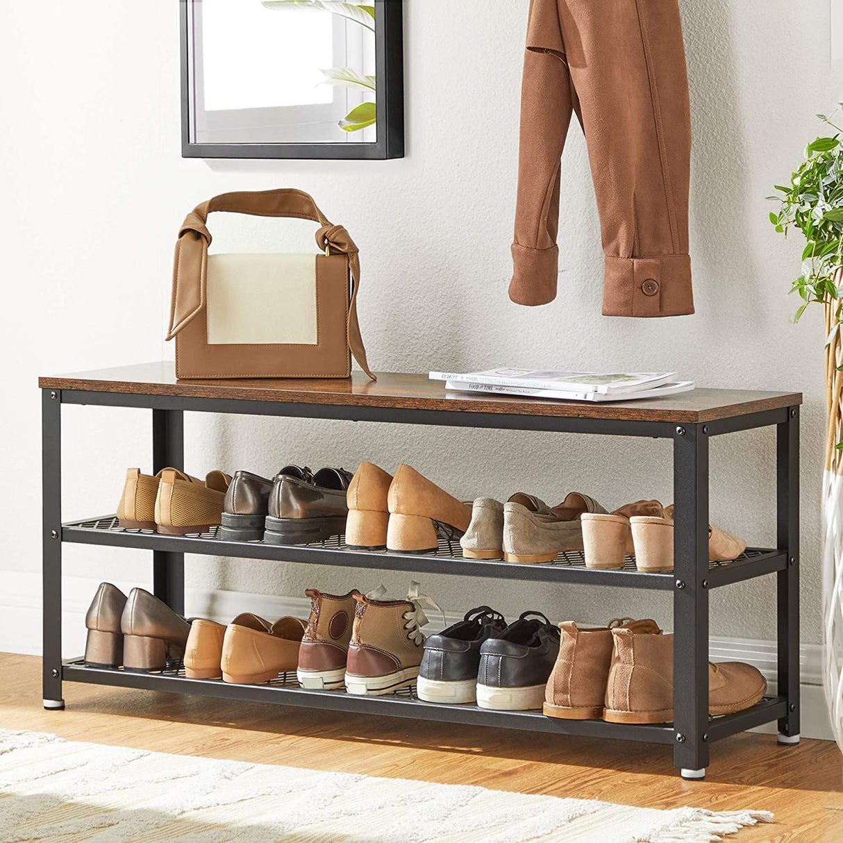 Rustic Brown and Black Shoe Storage Bench with 2 Shelves - 100 x 30 x 45 cm
