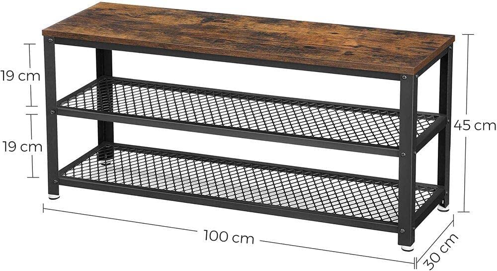 Rustic Brown and Black Shoe Storage Bench with 2 Shelves - 100 x 30 x 45 cm
