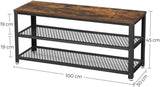Rustic Brown and Black Shoe Storage Bench with 2 Shelves - 100 x 30 x 45 cm - Close-Up Angle