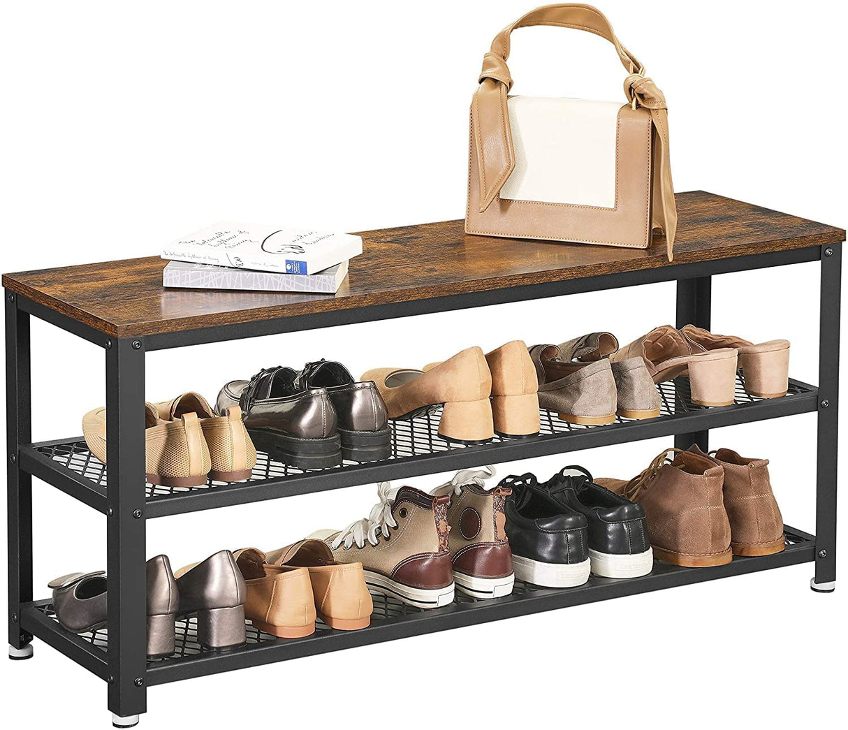 Rustic Brown and Black Shoe Storage Bench with 2 Shelves - 100 x 30 x 45 cm