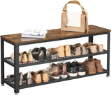 Rustic Brown and Black Shoe Storage Bench with 2 Shelves - 100 x 30 x 45 cm - Low Angle
