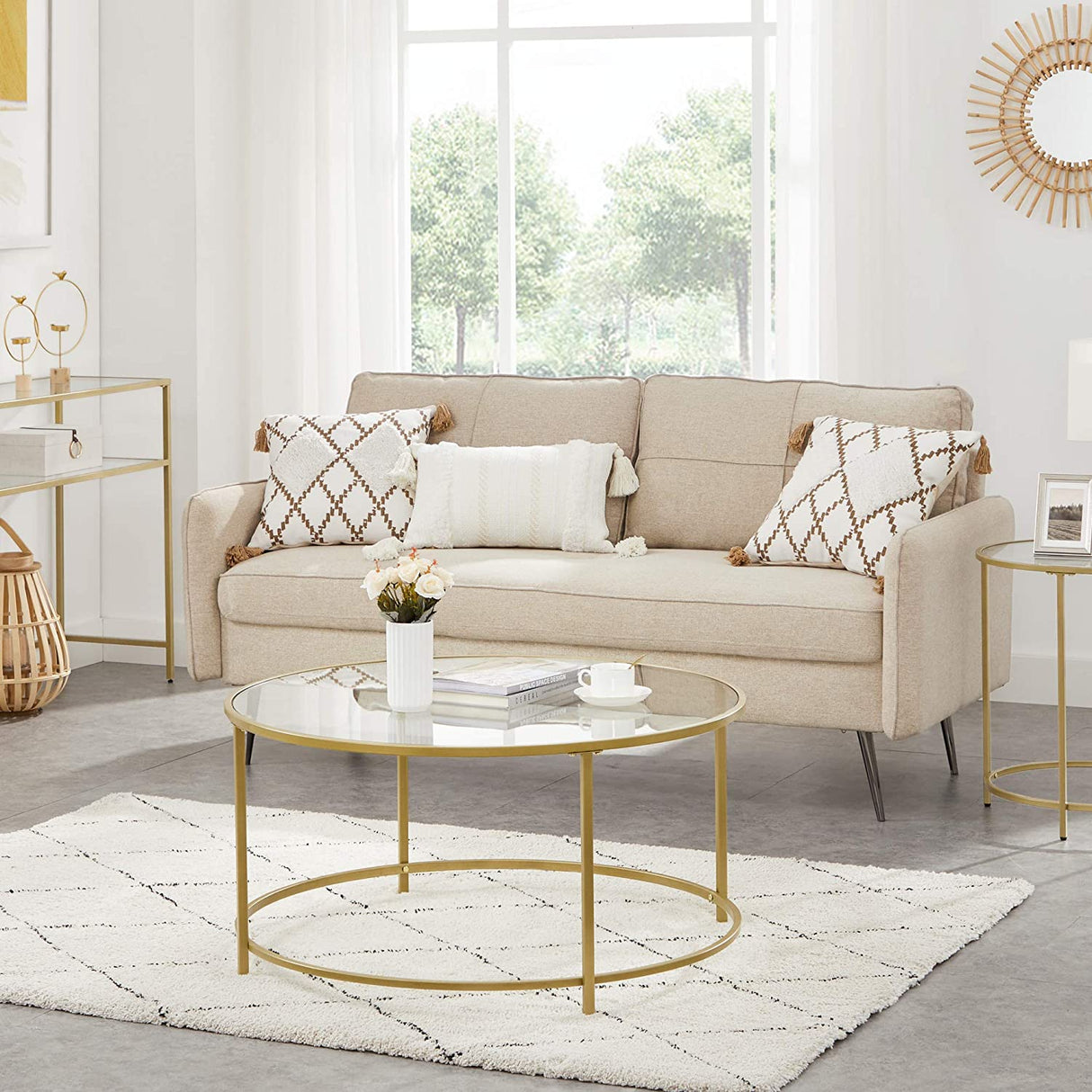 Elegant Golden Glass Coffee Table with Sturdy Iron Frame and Tempered Glass Surface
