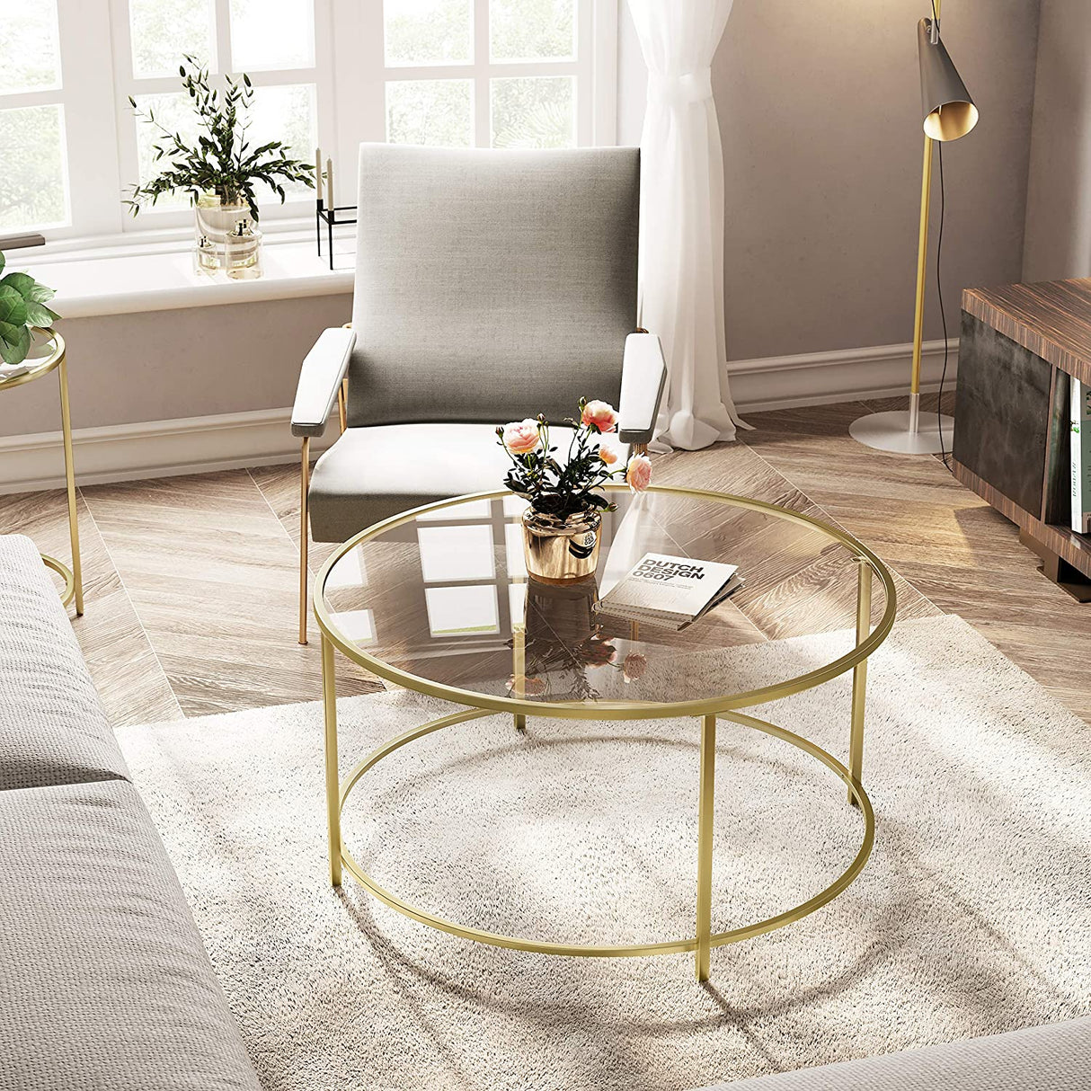 Elegant Golden Glass Coffee Table with Sturdy Iron Frame and Tempered Glass Surface