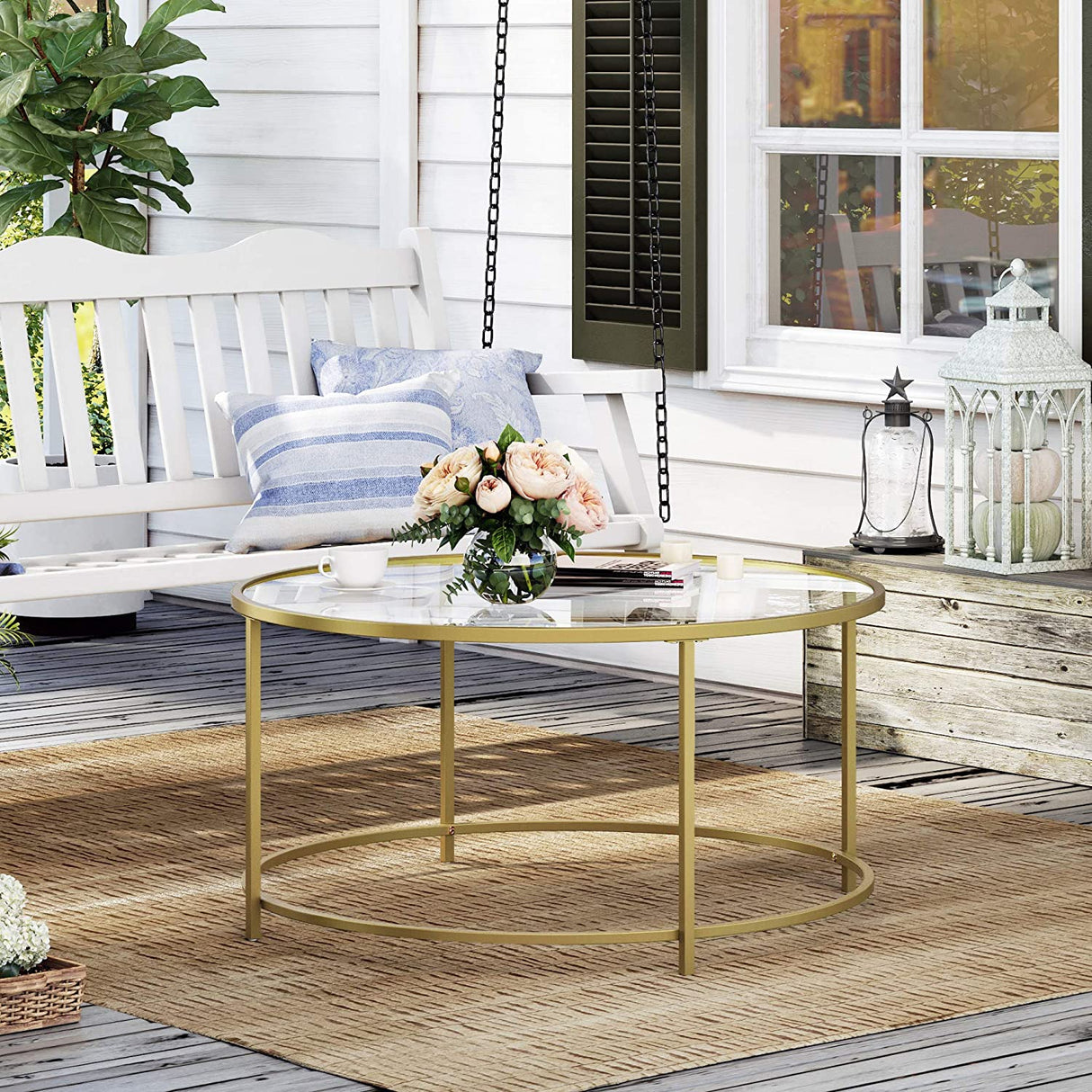 Elegant Golden Glass Coffee Table with Sturdy Iron Frame and Tempered Glass Surface