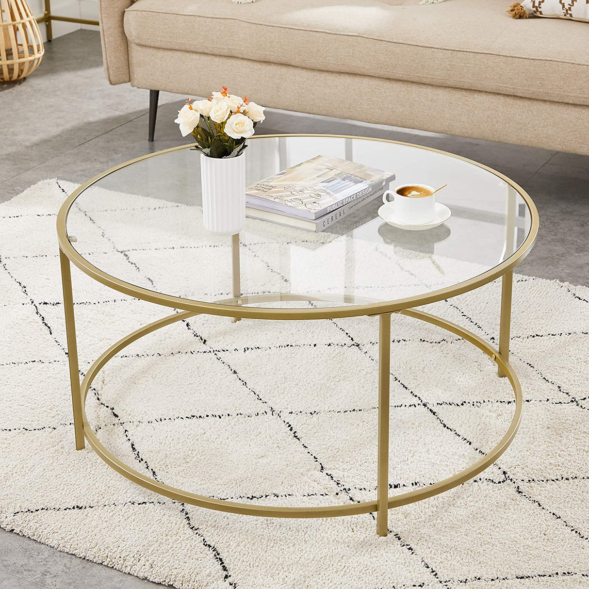 Elegant Golden Glass Coffee Table with Sturdy Iron Frame and Tempered Glass Surface