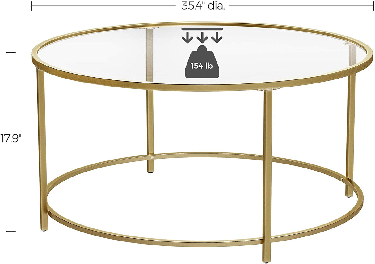 Elegant Golden Glass Coffee Table with Sturdy Iron Frame and Tempered Glass Surface