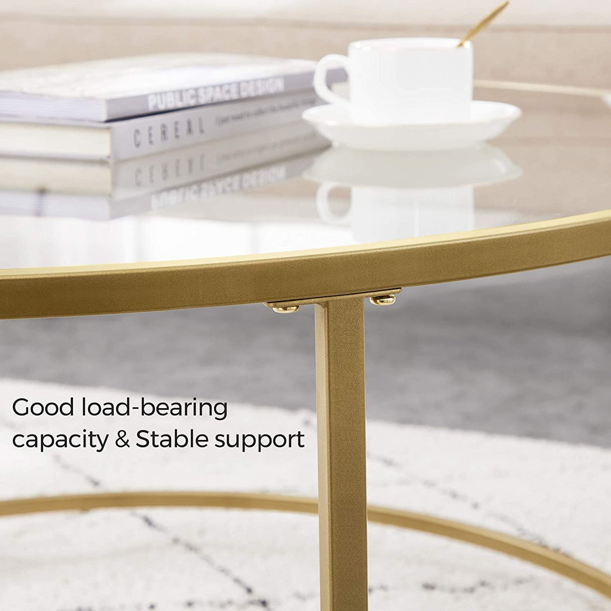 Elegant Golden Glass Coffee Table with Sturdy Iron Frame and Tempered Glass Surface