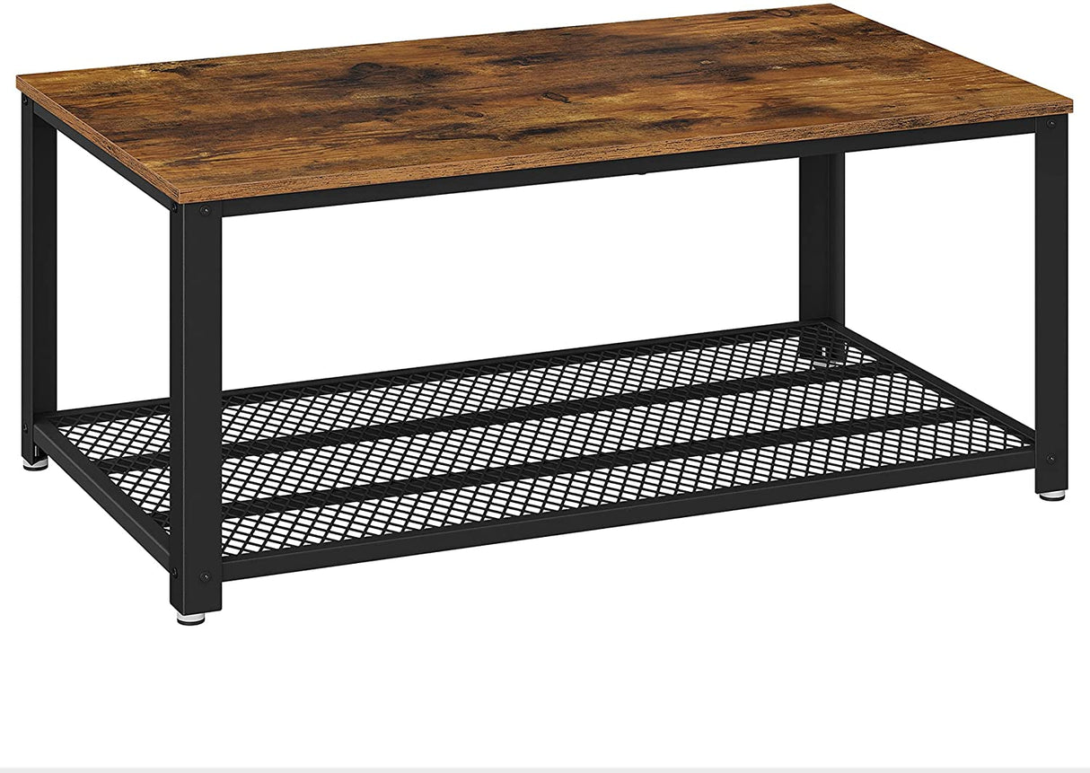 Rustic Brown Coffee Table with Sturdy Metal Frame and Storage Shelf