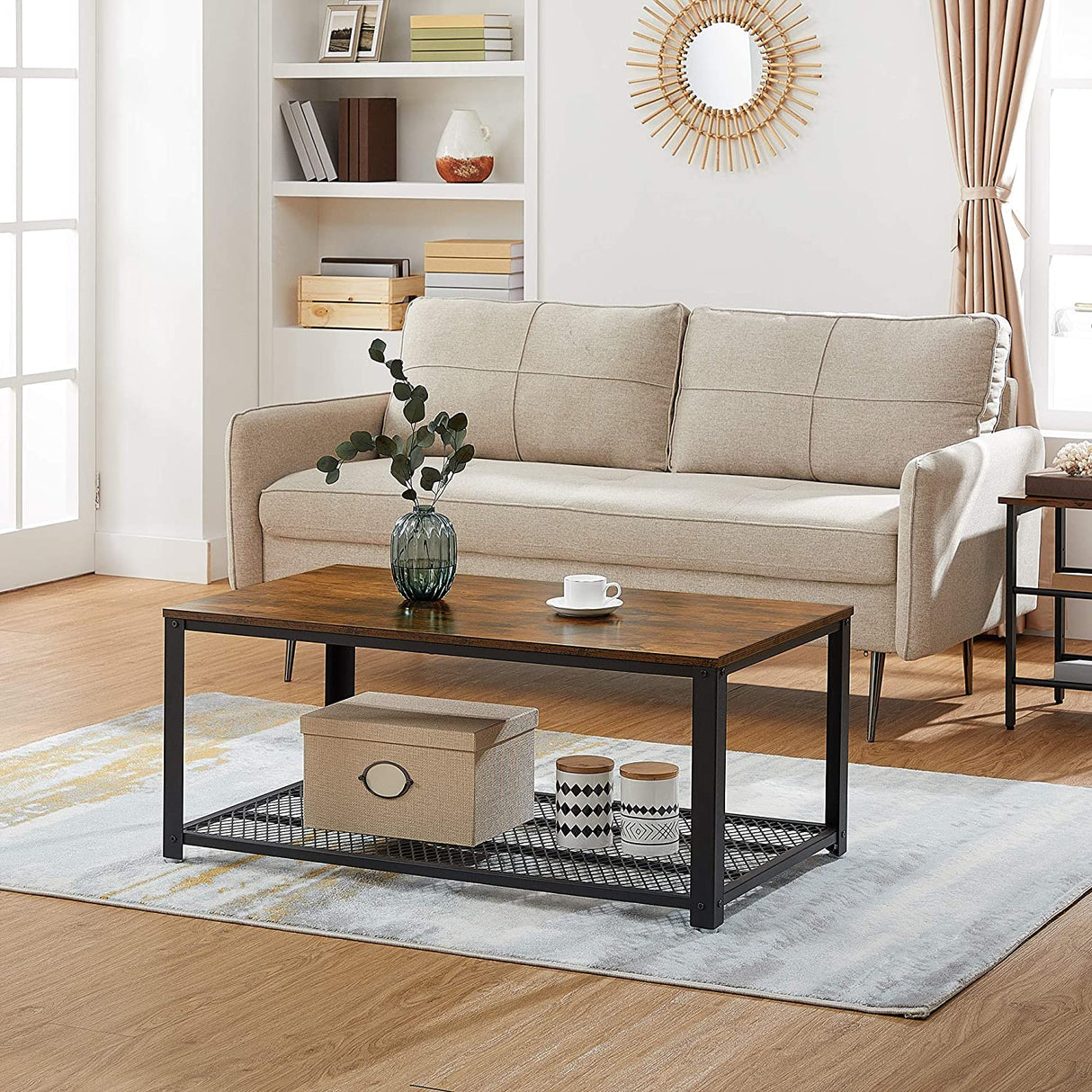 Rustic Brown Coffee Table with Sturdy Metal Frame and Storage Shelf