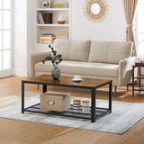 Rustic Brown Coffee Table with Sturdy Metal Frame and Storage Shelf - Front View