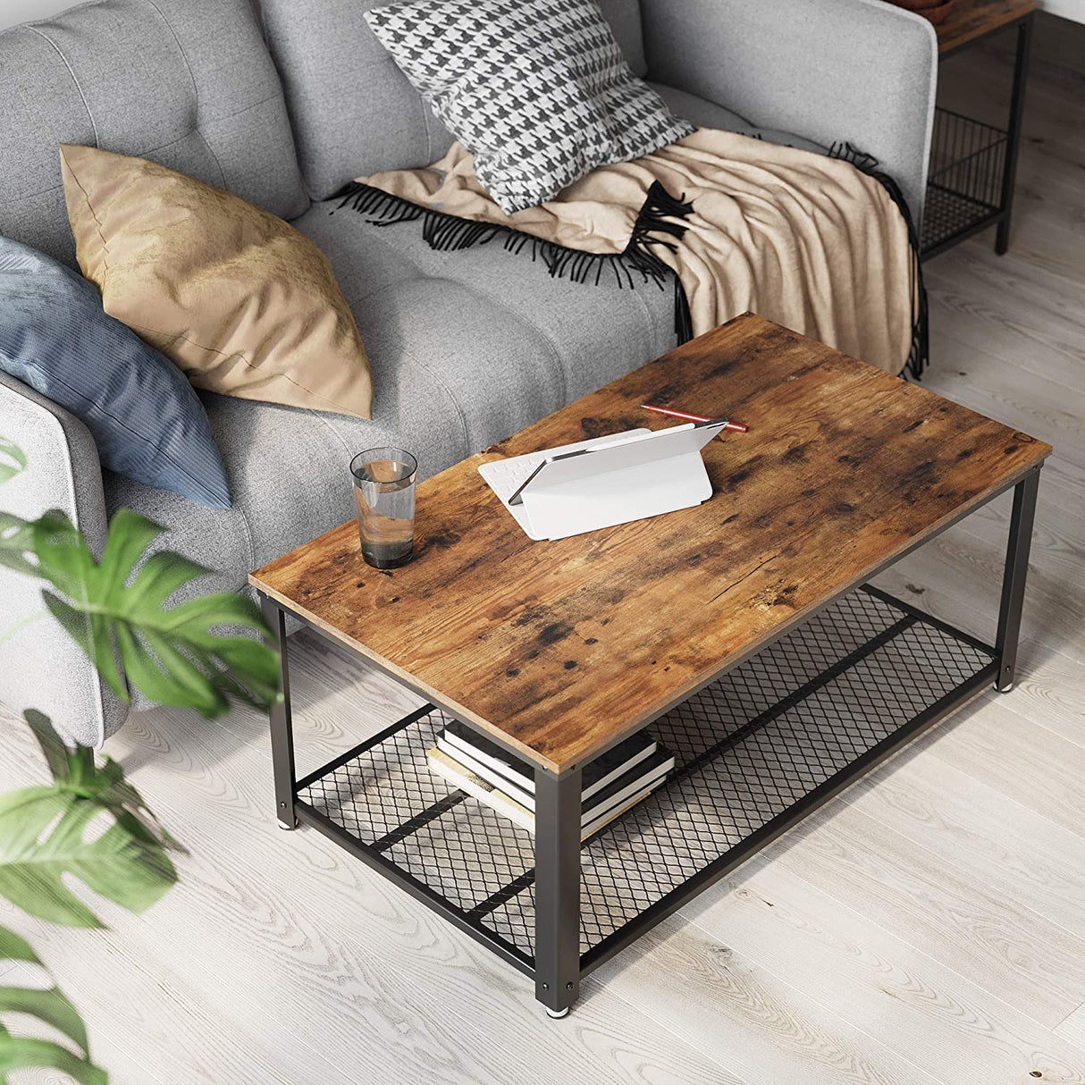 Rustic Brown Coffee Table with Sturdy Metal Frame and Storage Shelf