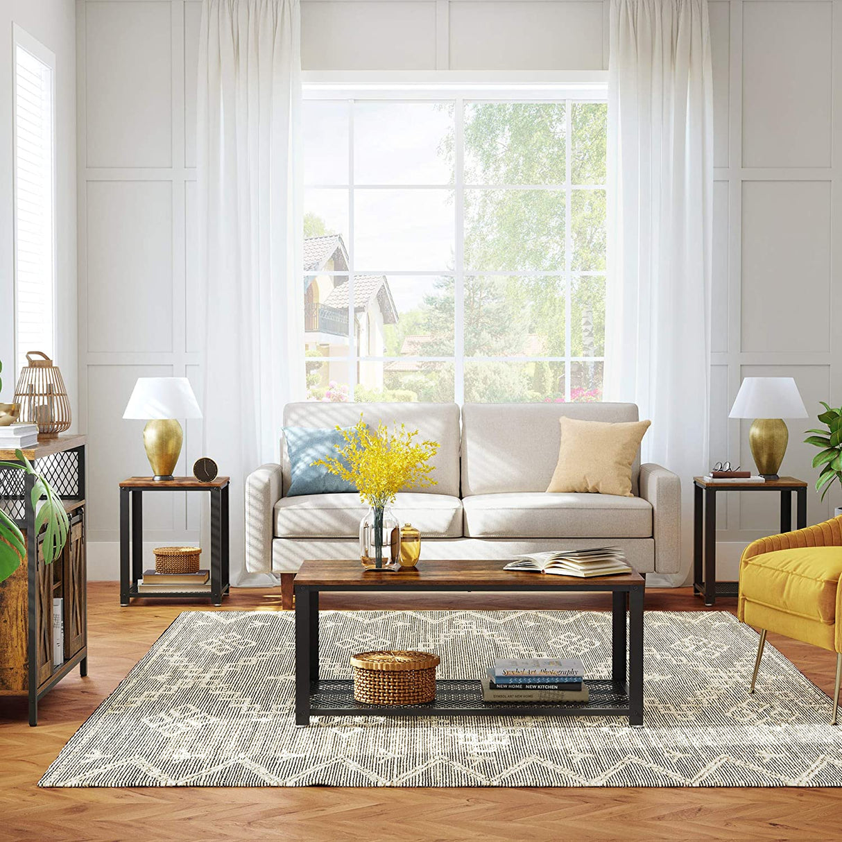 Rustic Brown Coffee Table with Sturdy Metal Frame and Storage Shelf