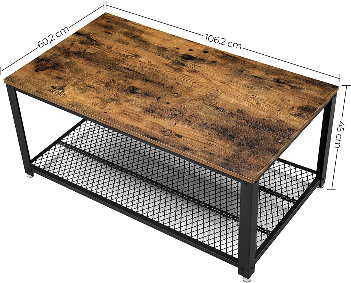 Rustic Brown Coffee Table with Sturdy Metal Frame and Storage Shelf