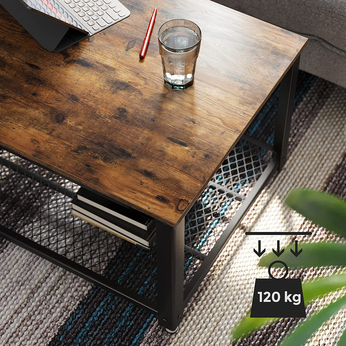 Rustic Brown Coffee Table with Sturdy Metal Frame and Storage Shelf