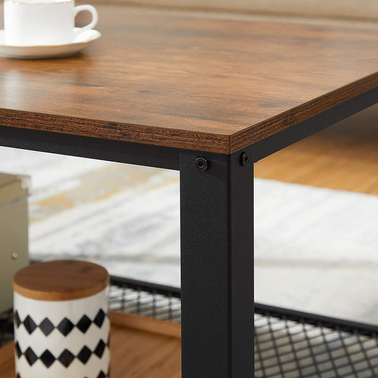 Rustic Brown Coffee Table with Sturdy Metal Frame and Storage Shelf