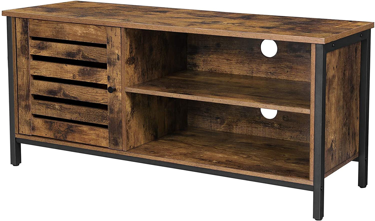 Rustic Brown and Black TV Stand for Up to 127cm TVs with Louvred Door and 2 Open Shelves - Ideal for Living Room and Bedroom
