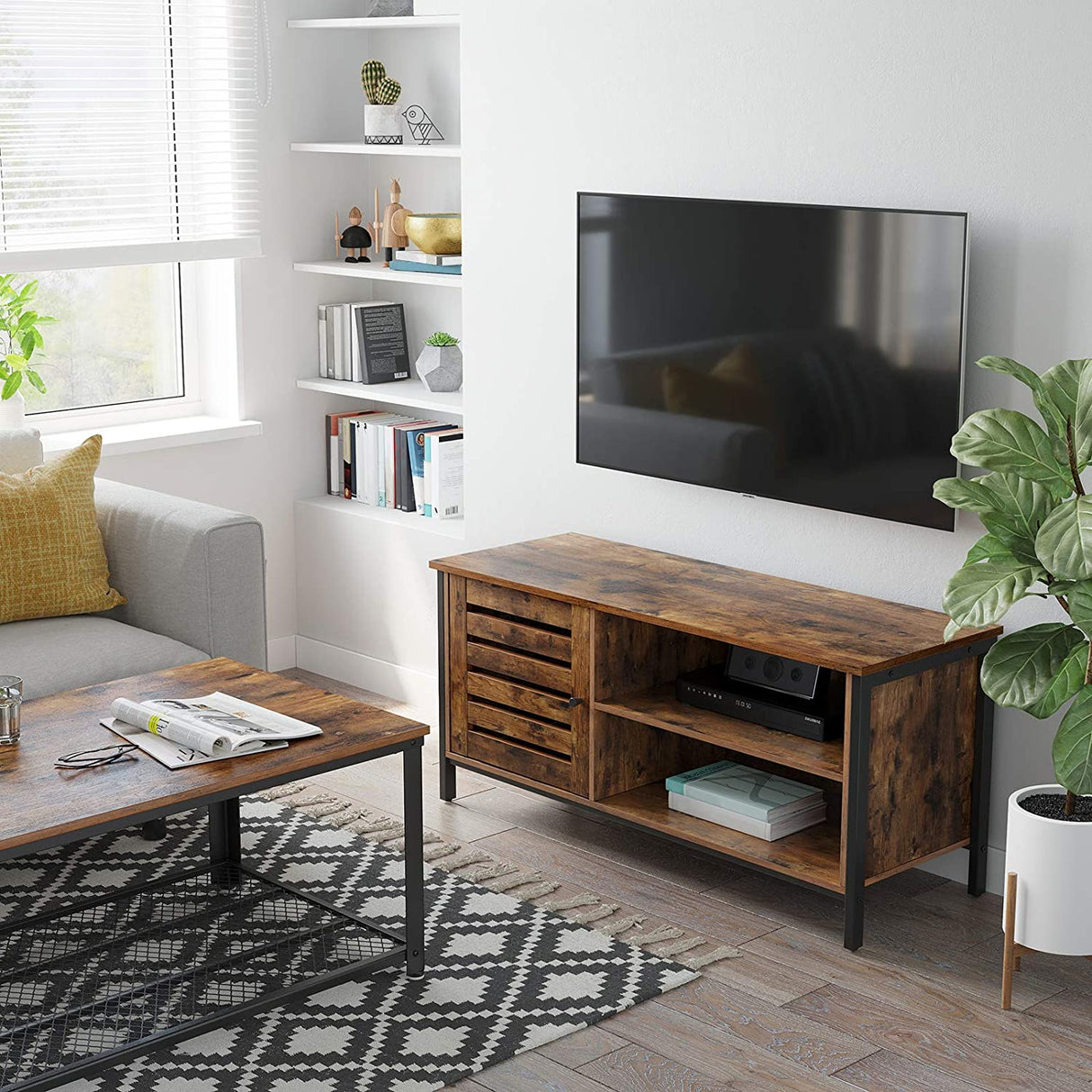 Rustic Brown and Black TV Stand for Up to 127cm TVs with Louvred Door and 2 Open Shelves - Ideal for Living Room and Bedroom