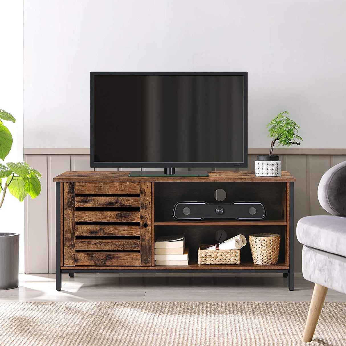Rustic Brown and Black TV Stand for Up to 127cm TVs with Louvred Door and 2 Open Shelves - Ideal for Living Room and Bedroom