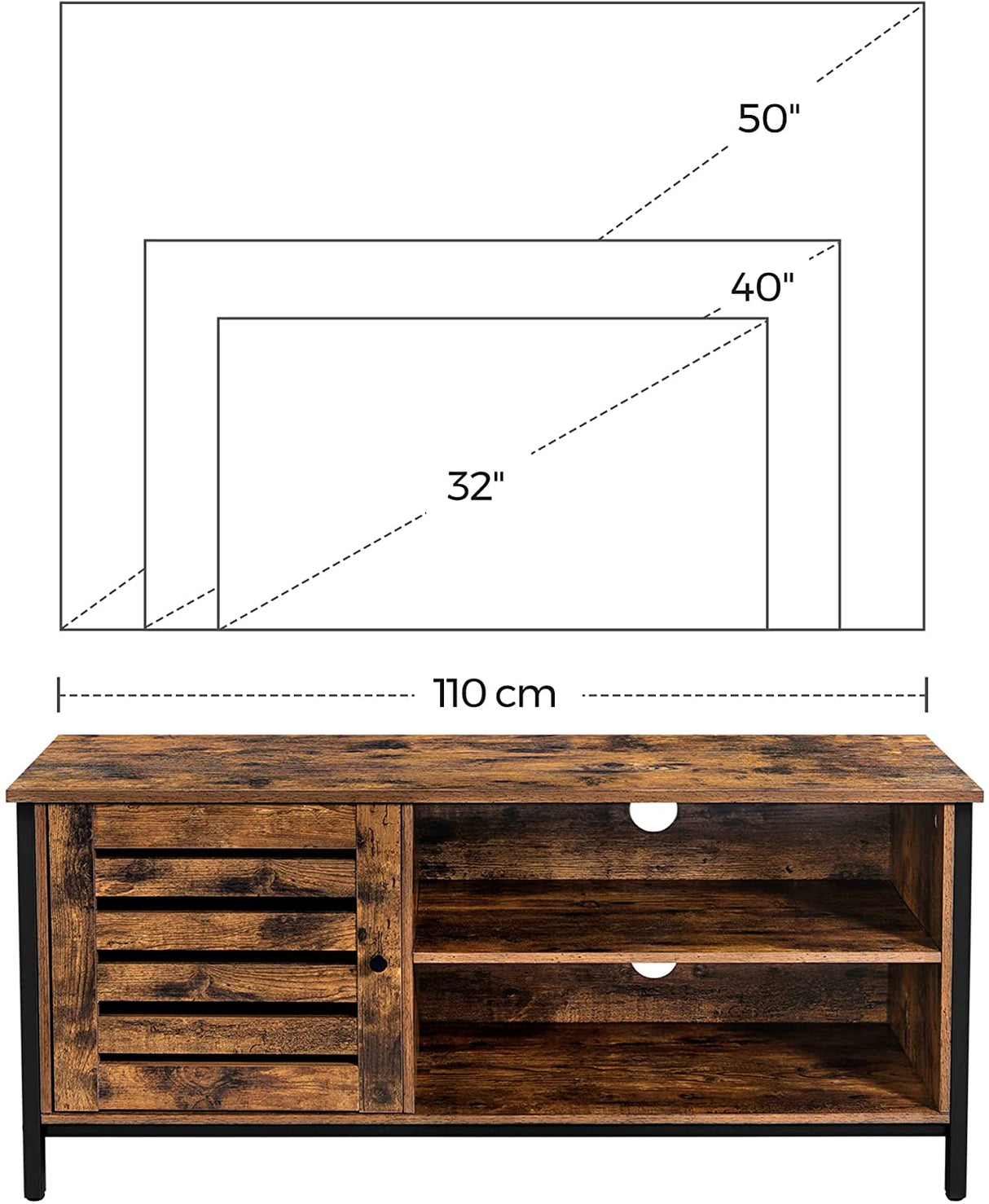 Rustic Brown and Black TV Stand for Up to 127cm TVs with Louvred Door and 2 Open Shelves - Ideal for Living Room and Bedroom