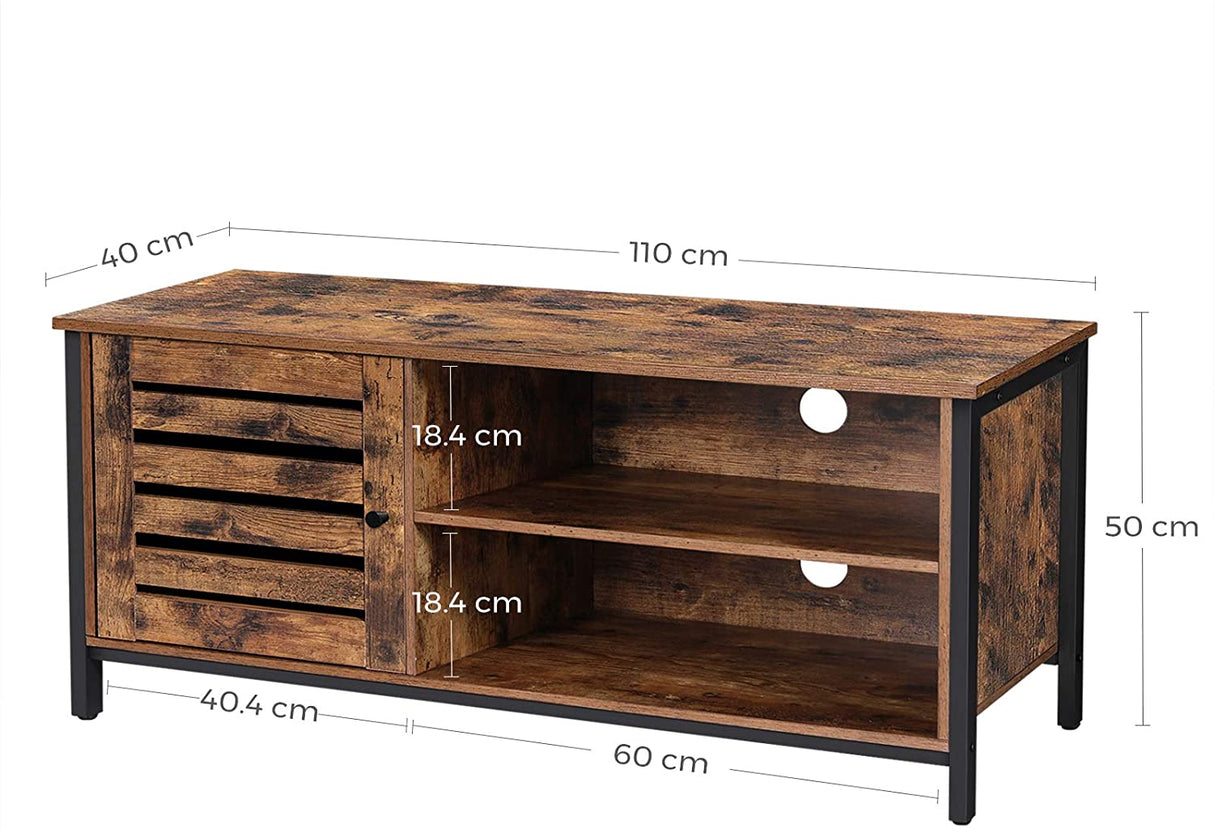 Rustic Brown and Black TV Stand for Up to 127cm TVs with Louvred Door and 2 Open Shelves - Ideal for Living Room and Bedroom