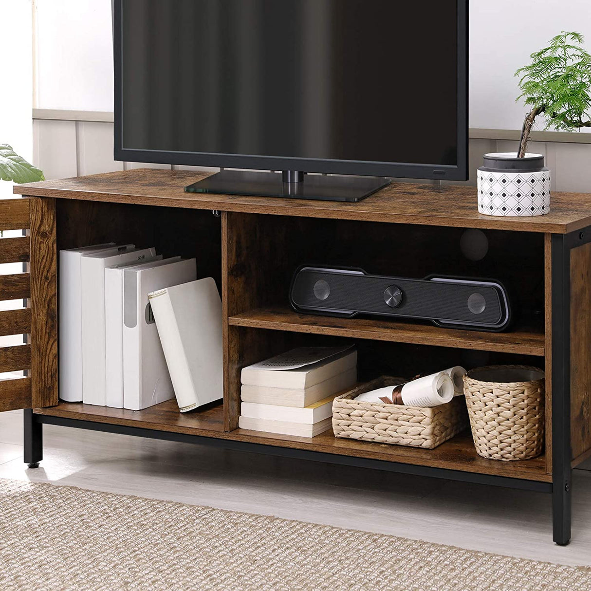 Rustic Brown and Black TV Stand for Up to 127cm TVs with Louvred Door and 2 Open Shelves - Ideal for Living Room and Bedroom