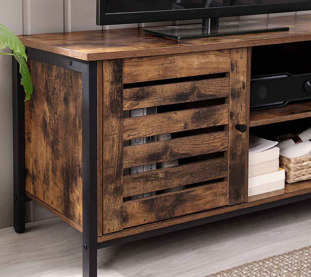 Rustic Brown and Black TV Stand for Up to 127cm TVs with Louvred Door and 2 Open Shelves - Ideal for Living Room and Bedroom