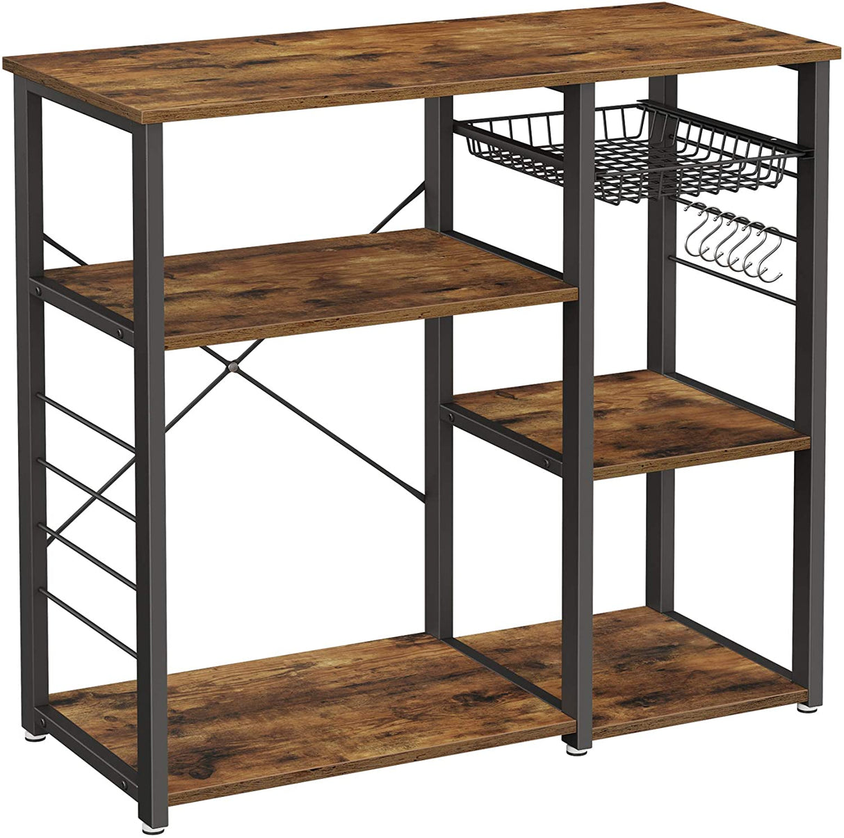 Rustic Industrial Kitchen Shelf with Wire Basket and 6 Hooks in Brown and Black