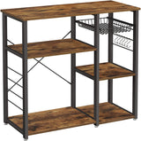 Rustic Industrial Kitchen Shelf with Wire Basket and 6 Hooks in Brown and Black - Front View