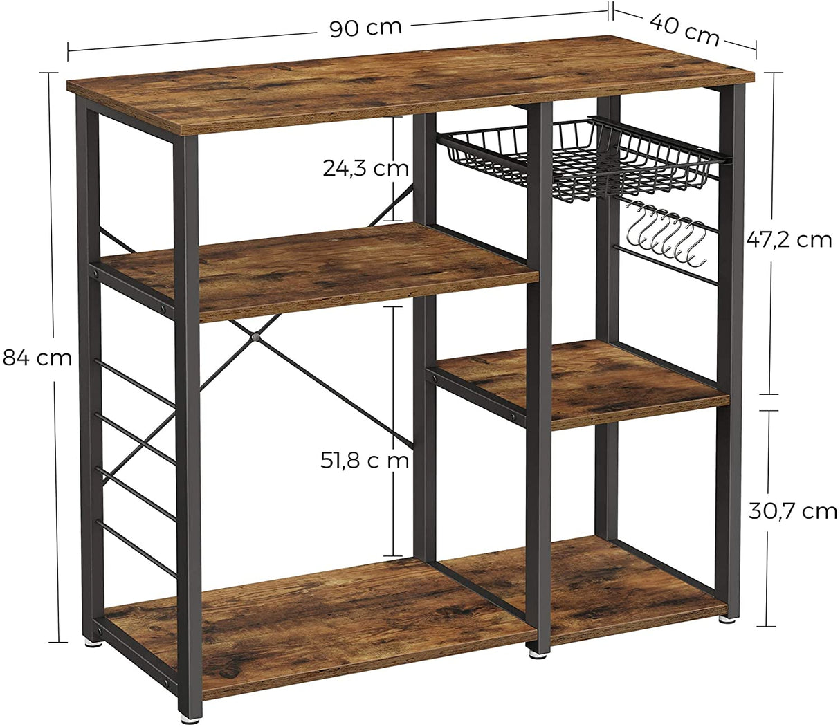 Rustic Industrial Kitchen Shelf with Wire Basket and 6 Hooks in Brown and Black