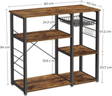 Rustic Industrial Kitchen Shelf with Wire Basket and 6 Hooks in Brown and Black - Side View