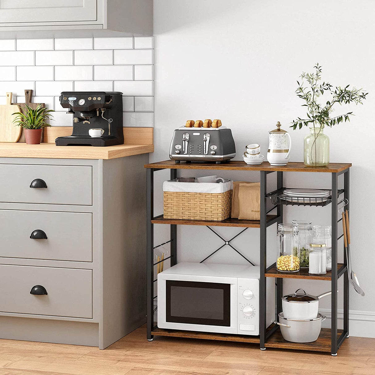 Rustic Industrial Kitchen Shelf with Wire Basket and 6 Hooks in Brown and Black