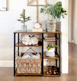 Rustic Industrial Kitchen Shelf with Wire Basket and 6 Hooks in Brown and Black - 45-Degree Angle