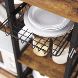 Rustic Industrial Kitchen Shelf with Wire Basket and 6 Hooks in Brown and Black - Rear View