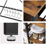 Rustic Industrial Kitchen Shelf with Wire Basket and 6 Hooks in Brown and Black - Close-Up Angle