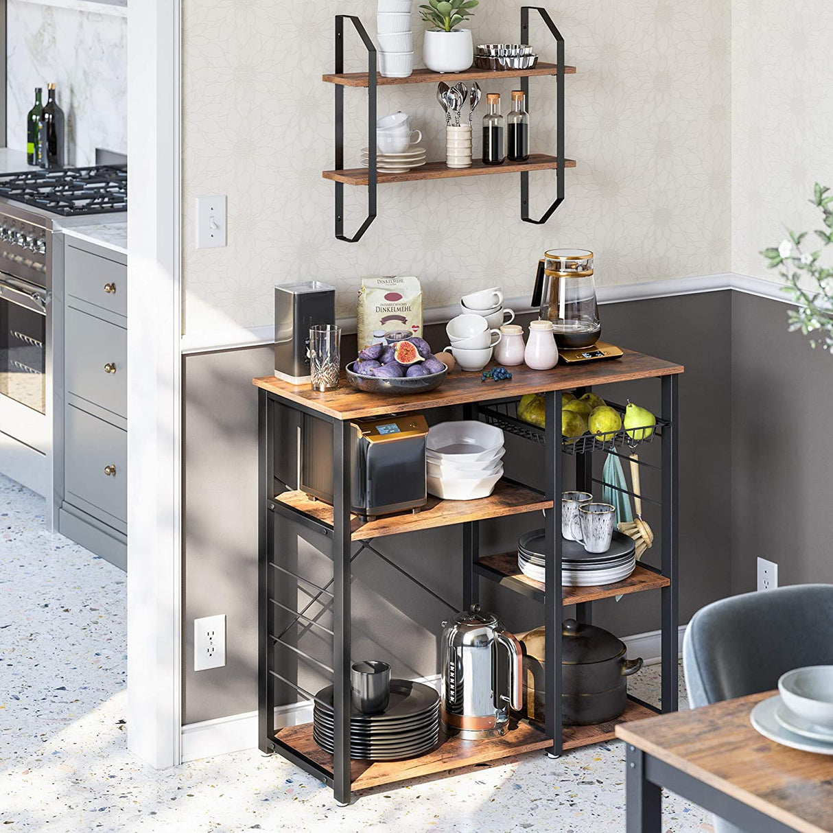Rustic Industrial Kitchen Shelf with Wire Basket and 6 Hooks in Brown and Black