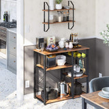 Rustic Industrial Kitchen Shelf with Wire Basket and 6 Hooks in Brown and Black - Extra Image